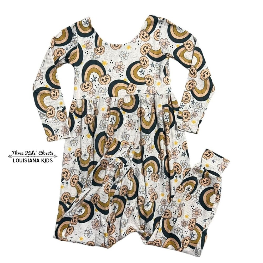 Rowdy Riley Creations 6Y Custom Handmade Halloween Rainbow Jack-O-Lantern Romper